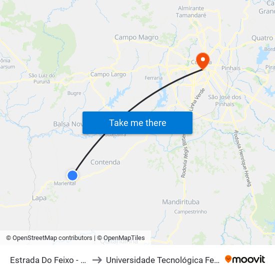 Estrada Do Feixo - Escola Rural Dirceu Batista Da Luz to Universidade Tecnológica Federal Do Paraná - Campus Curitiba - Sede Centro map