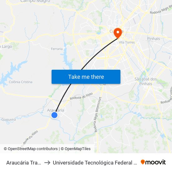 Araucária Transportes Coletivos to Universidade Tecnológica Federal Do Paraná - Campus Curitiba - Sede Centro map