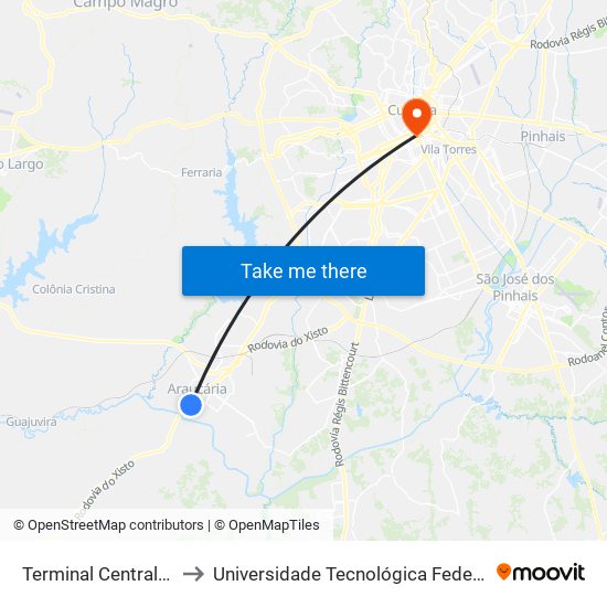 Terminal Central Araucária (Desembarque) to Universidade Tecnológica Federal Do Paraná - Campus Curitiba - Sede Centro map