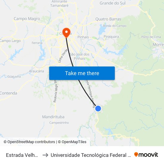 Estrada Velha Da Guaricana, 315 to Universidade Tecnológica Federal Do Paraná - Campus Curitiba - Sede Centro map