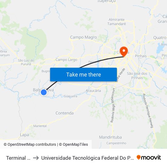 Terminal Balsa Nova to Universidade Tecnológica Federal Do Paraná - Campus Curitiba - Sede Centro map