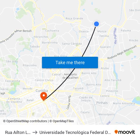 Rua Aílton Luís Nodari, 121 to Universidade Tecnológica Federal Do Paraná - Campus Curitiba - Sede Centro map