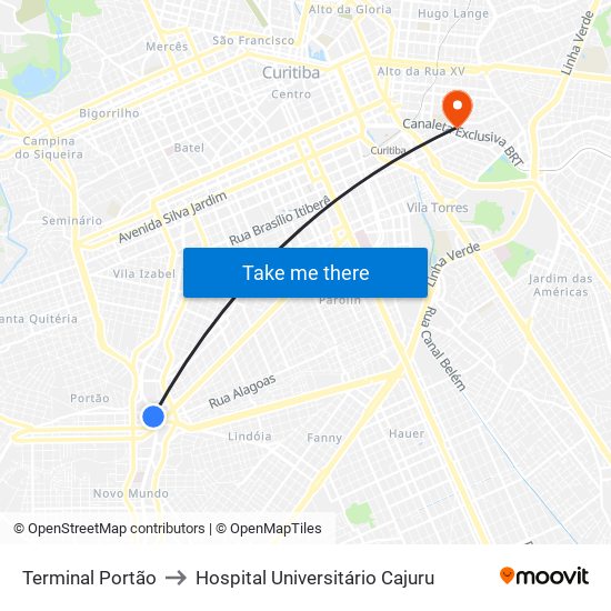 Terminal Portão to Hospital Universitário Cajuru map