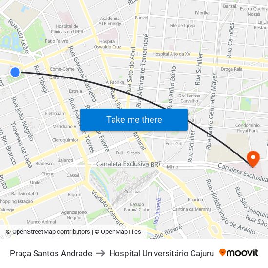 Praça Santos Andrade to Hospital Universitário Cajuru map