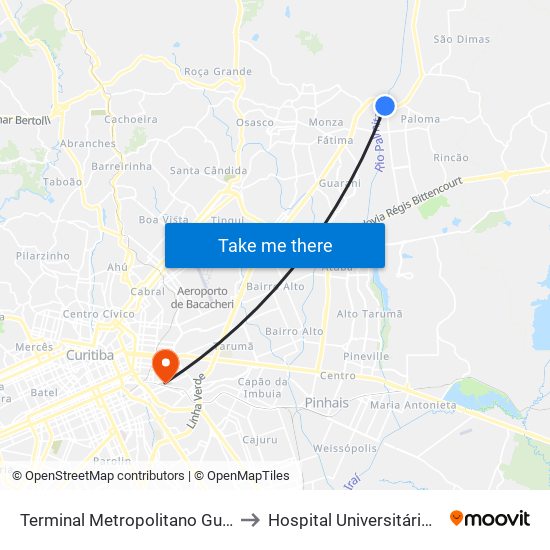 Terminal Metropolitano Guaraituba to Hospital Universitário Cajuru map