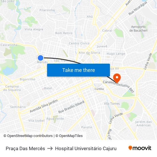 Praça Das Mercês to Hospital Universitário Cajuru map