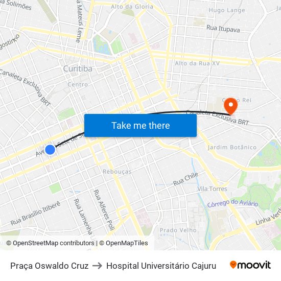 Praça Oswaldo Cruz to Hospital Universitário Cajuru map