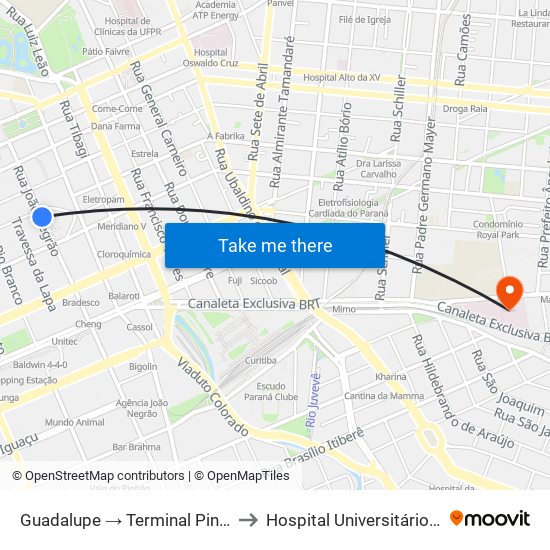 Guadalupe → Terminal Pinheirinho to Hospital Universitário Cajuru map