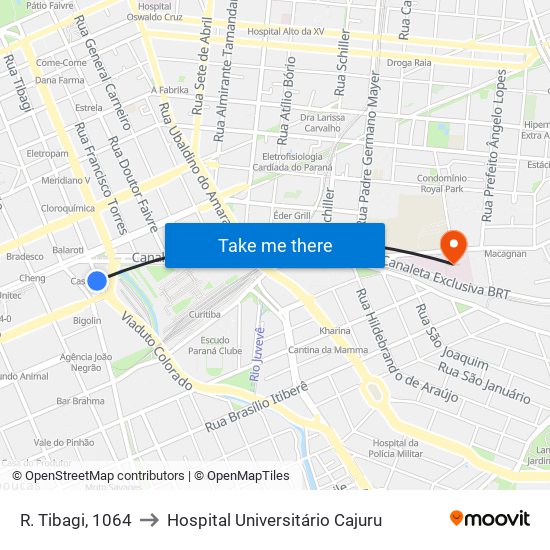 R. Tibagi, 1064 to Hospital Universitário Cajuru map