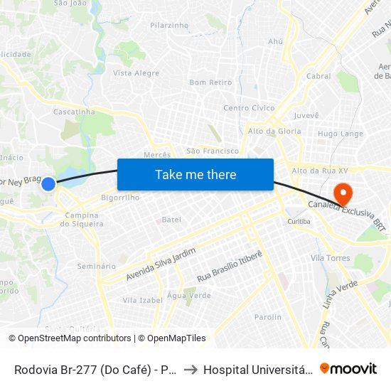 Rodovia Br-277 (Do Café) - Parque Barigui to Hospital Universitário Cajuru map