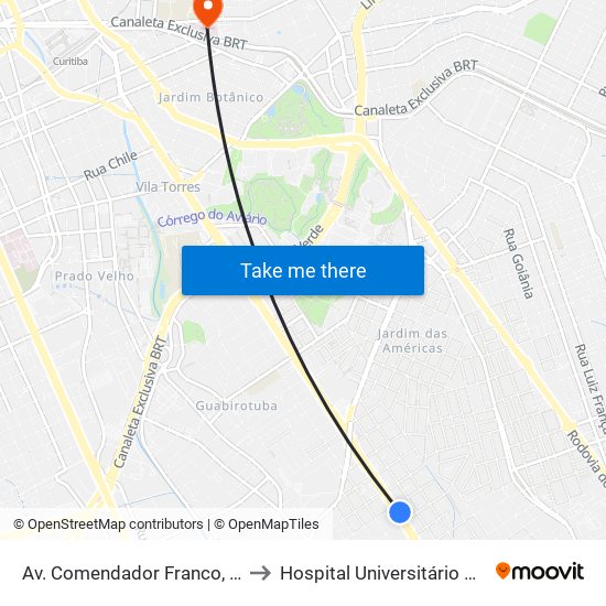 Av. Comendador Franco, 4485 to Hospital Universitário Cajuru map