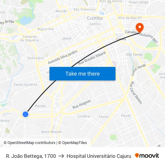 R. João Bettega, 1700 to Hospital Universitário Cajuru map