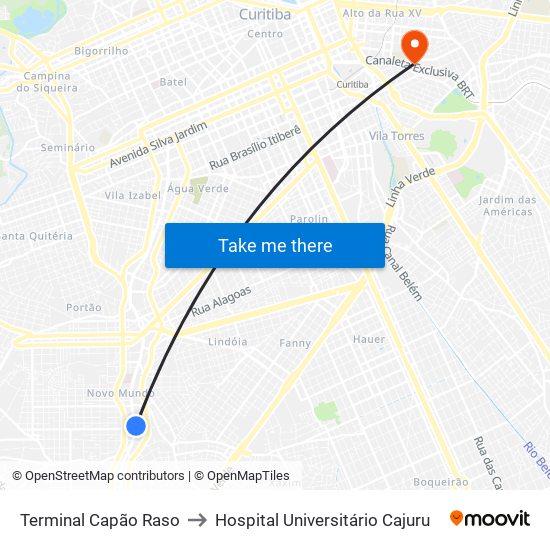 Terminal Capão Raso to Hospital Universitário Cajuru map