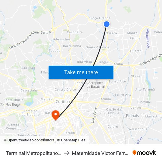 Terminal Metropolitano Roça Grande to Maternidade Victor Ferreira Do Amaral map