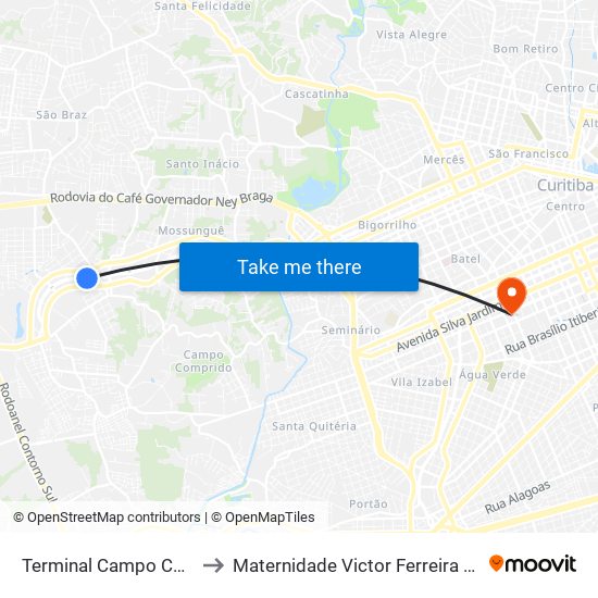 Terminal Campo Comprido to Maternidade Victor Ferreira Do Amaral map
