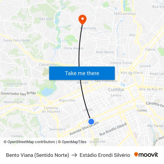 Bento Viana (Sentido Norte) to Estádio Erondi Silvério map