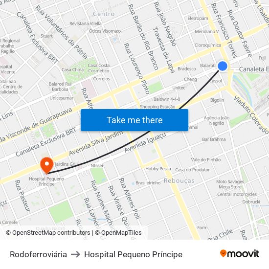 Rodoferroviária to Hospital Pequeno Príncipe map