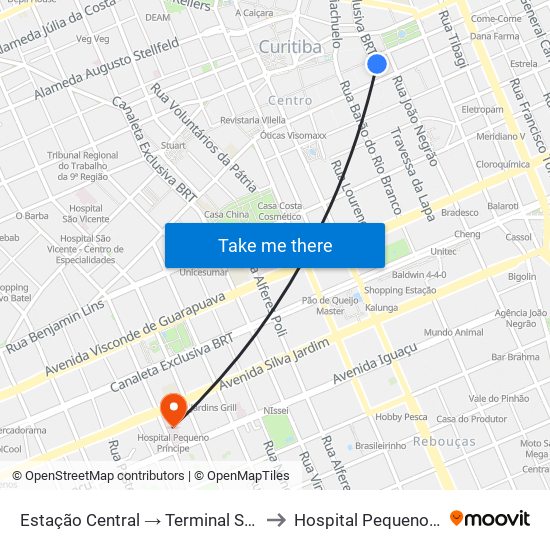 Estação Central → Terminal Santa Cândida to Hospital Pequeno Príncipe map