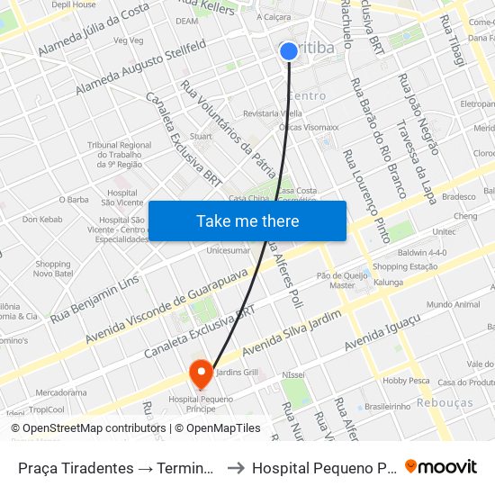 Praça Tiradentes → Terminal Pinhais to Hospital Pequeno Príncipe map