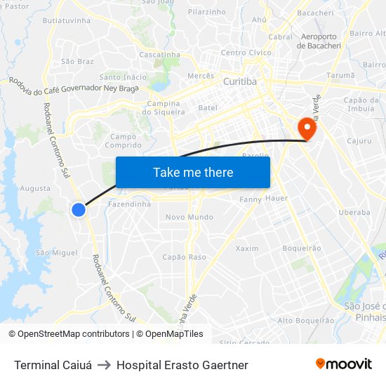 Terminal Caiuá to Hospital Erasto Gaertner map