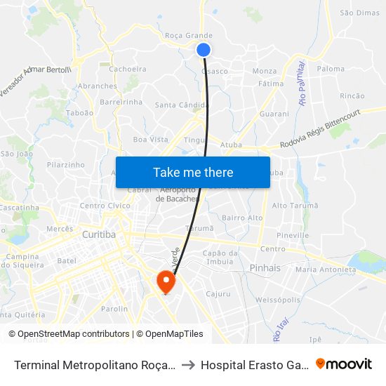 Terminal Metropolitano Roça Grande to Hospital Erasto Gaertner map