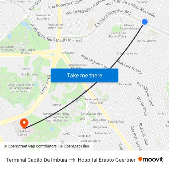 Terminal Capão Da Imbuia to Hospital Erasto Gaertner map