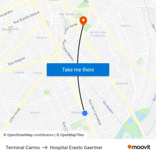 Terminal Carmo to Hospital Erasto Gaertner map