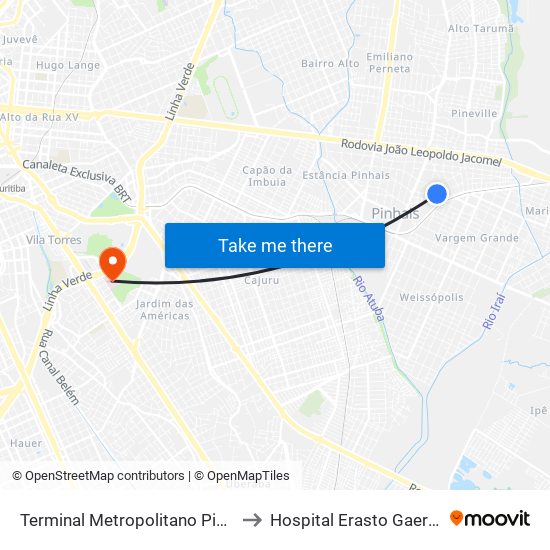 Terminal Metropolitano Pinhais to Hospital Erasto Gaertner map