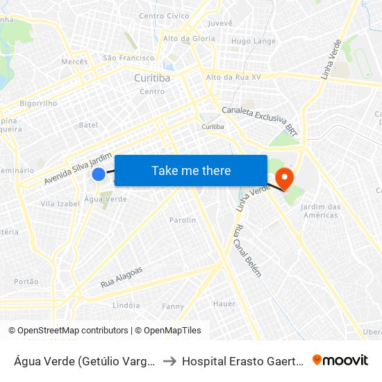 Água Verde (Getúlio Vargas) to Hospital Erasto Gaertner map