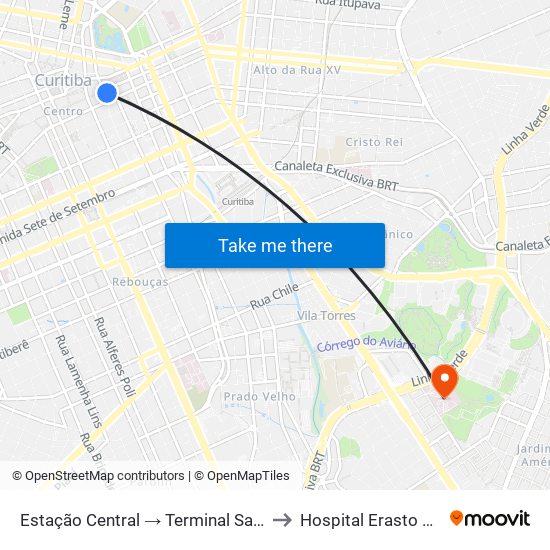 Estação Central → Terminal Santa Cândida to Hospital Erasto Gaertner map