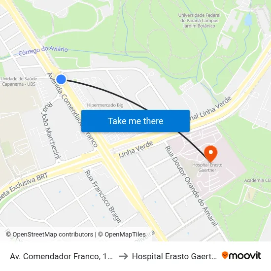 Av. Comendador Franco, 1689 to Hospital Erasto Gaertner map
