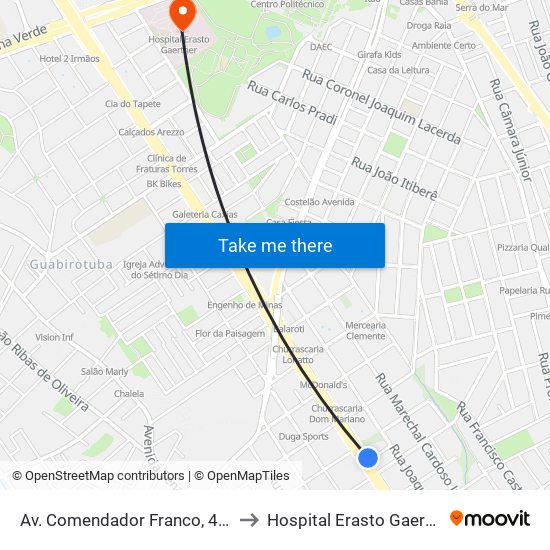 Av. Comendador Franco, 4485 to Hospital Erasto Gaertner map