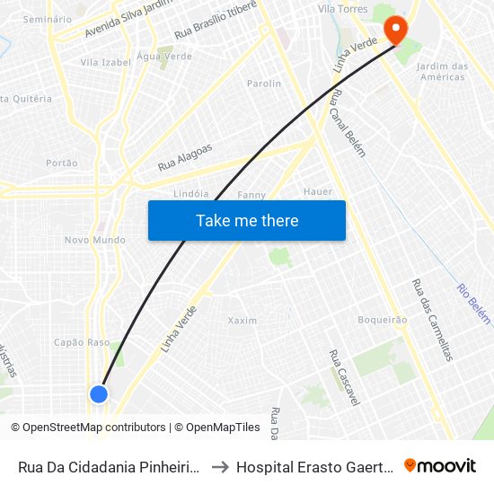 Rua Da Cidadania Pinheirinho to Hospital Erasto Gaertner map
