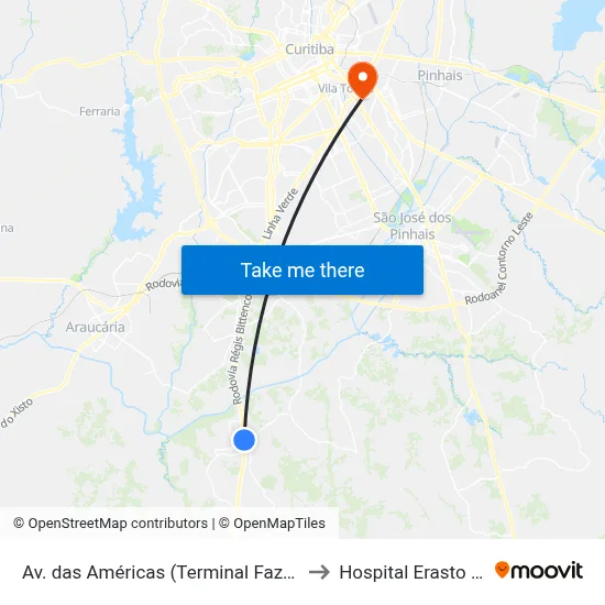 Av. das Américas (Terminal Fazenda - Externo) to Hospital Erasto Gaertner map