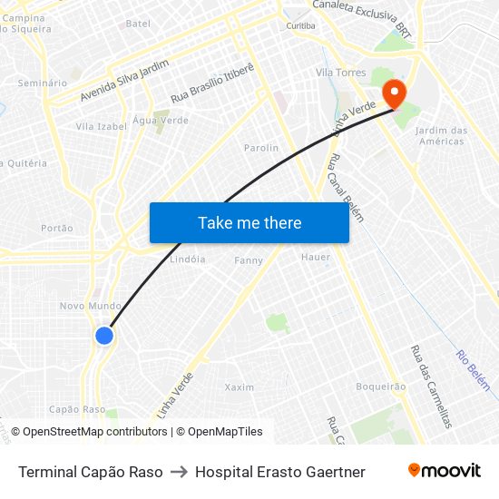 Terminal Capão Raso to Hospital Erasto Gaertner map