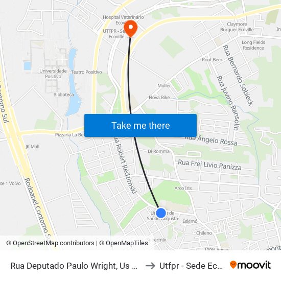 Rua Deputado Paulo Wright, Us Augusta to Utfpr - Sede Ecoville map