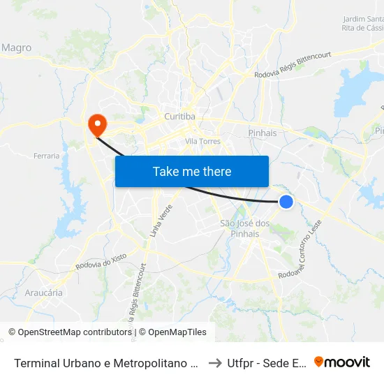 Terminal Urbano e Metropolitano Afonso Pena to Utfpr - Sede Ecoville map