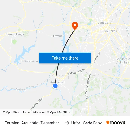 Terminal Araucária (Desembarque) to Utfpr - Sede Ecoville map