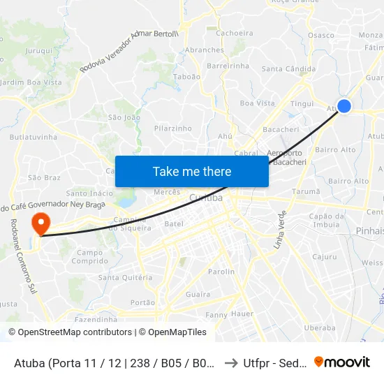 Atuba (Porta 11 / 12 | 238 / B05 / B07 / B42 / B89 / C72 / C98) to Utfpr - Sede Ecoville map