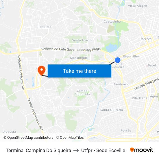 Terminal Campina Do Siqueira to Utfpr - Sede Ecoville map
