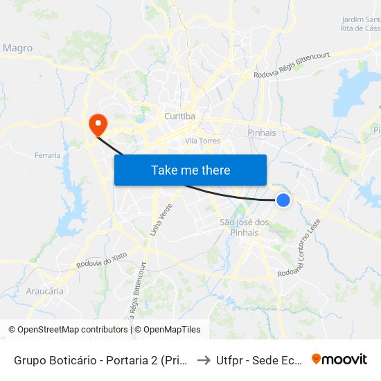 Grupo Boticário - Portaria 2 (Primavera) to Utfpr - Sede Ecoville map