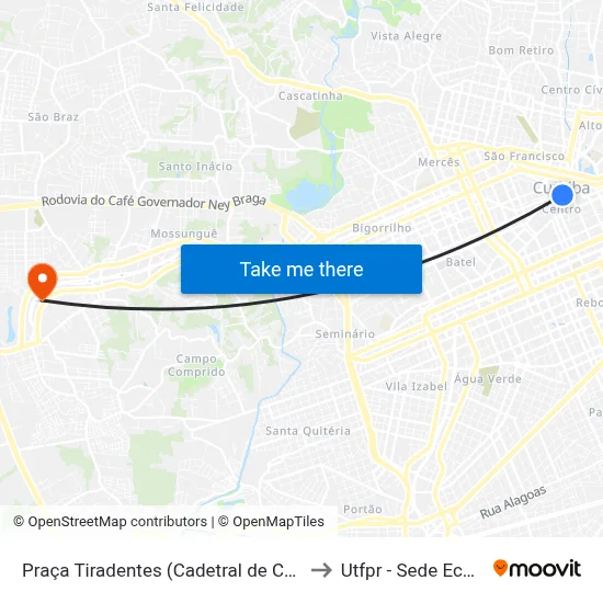 Praça Tiradentes (Cadetral de Curitiba) to Utfpr - Sede Ecoville map