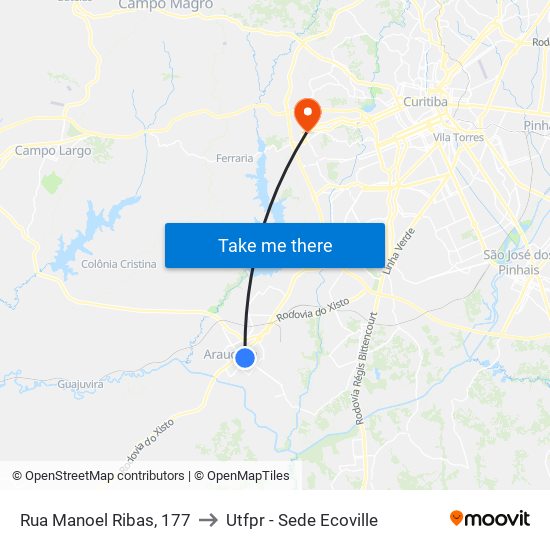 Rua Manoel Ribas, 177 to Utfpr - Sede Ecoville map