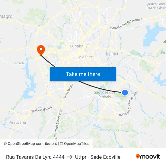 Rua Tavares De Lyra 4444 to Utfpr - Sede Ecoville map