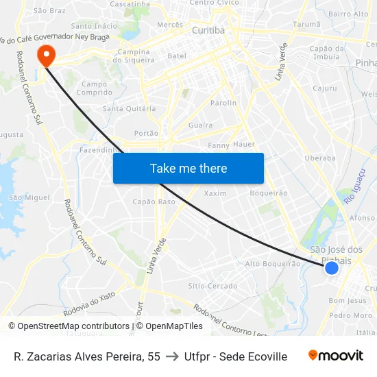 R. Zacarias Alves Pereira, 55 to Utfpr - Sede Ecoville map