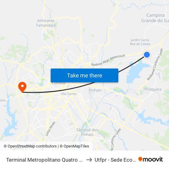 Terminal Metropolitano Quatro Barras to Utfpr - Sede Ecoville map