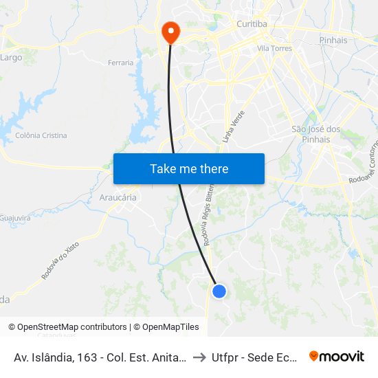 Av. Islândia, 163 - Col. Est. Anita Canet to Utfpr - Sede Ecoville map