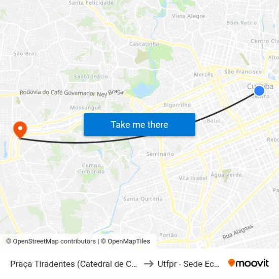 Praça Tiradentes (Catedral de Curitiba) to Utfpr - Sede Ecoville map