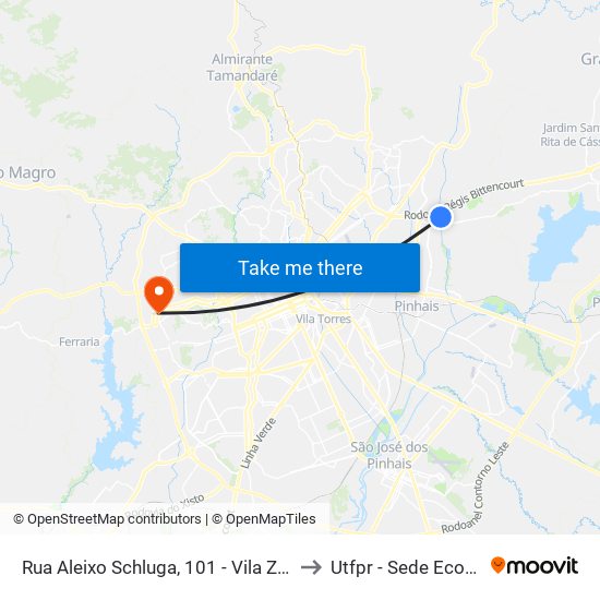 Rua Aleixo Schluga, 101 - Vila Zumbi to Utfpr - Sede Ecoville map