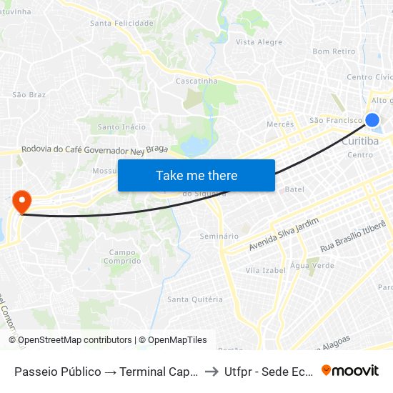 Passeio Público → Terminal Capão Raso to Utfpr - Sede Ecoville map